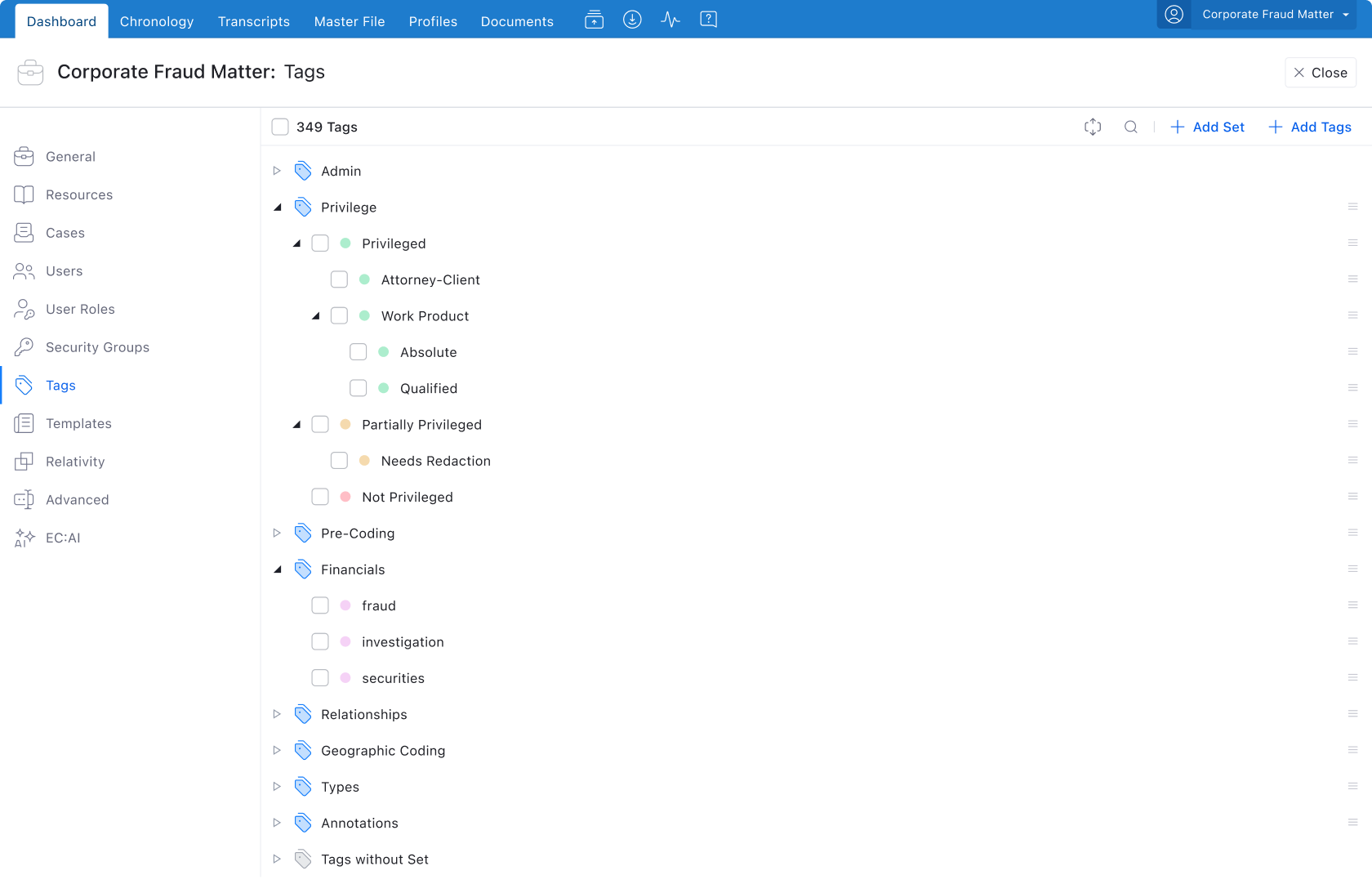 Managing nested tags and tag sets in Everchron