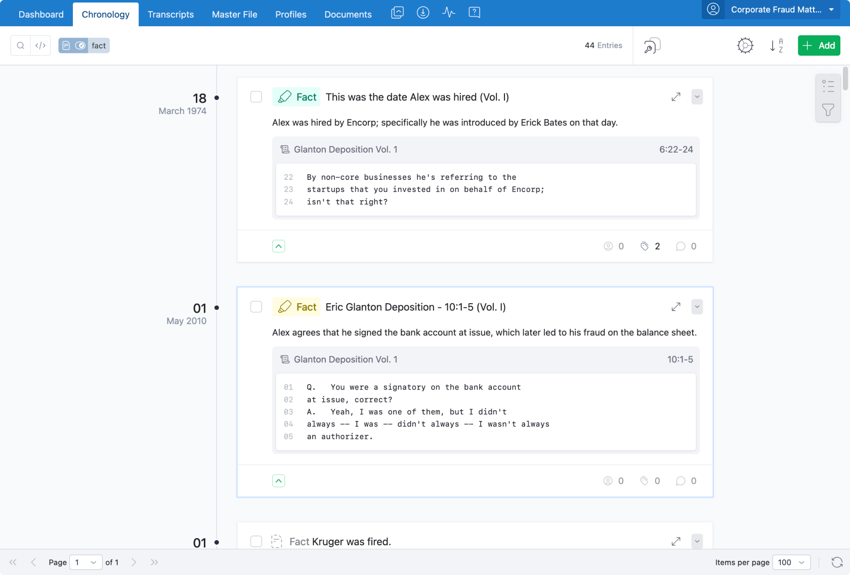 Card view of annotation chronology entries